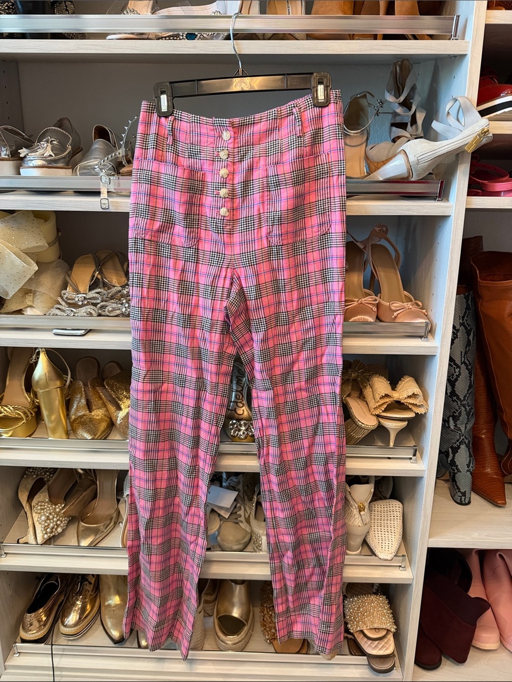 Anthropologie Pink Plaid Straight-Leg Pants with Button Front